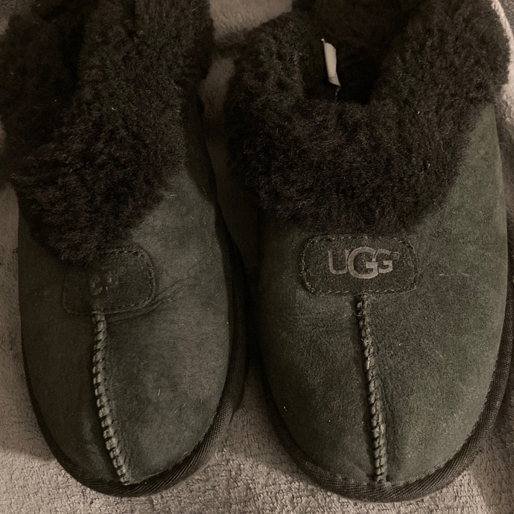 UGG Black Suede Shearling Cuff Slip-Ons